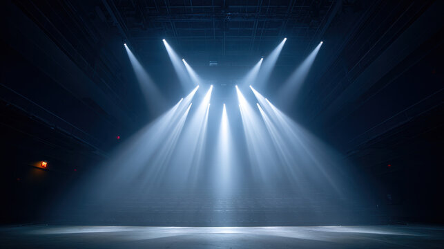 Bright stage lights shining down in dark empty theater creating dramatic beams and atmospheric setting for performance or event