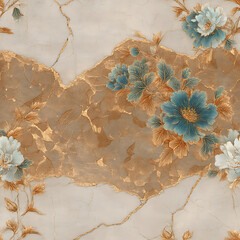 sophisticated seamless pattern blending delicate vintage flowers with a cracked marble texture, accented by glowing gold kintsugi lines. Ideal for luxury stationery, dark academia designs