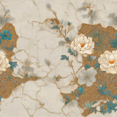 sophisticated seamless pattern blending delicate vintage flowers with a cracked marble texture, accented by glowing gold kintsugi lines. Ideal for luxury stationery, dark academia designs