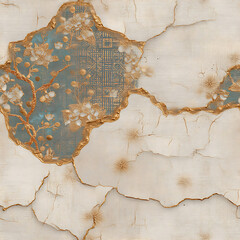sophisticated seamless pattern blending delicate vintage flowers with a cracked marble texture, accented by glowing gold kintsugi lines. Ideal for luxury stationery, dark academia designs