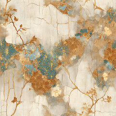 sophisticated seamless pattern blending delicate vintage flowers with a cracked marble texture, accented by glowing gold kintsugi lines. Ideal for luxury stationery, dark academia designs