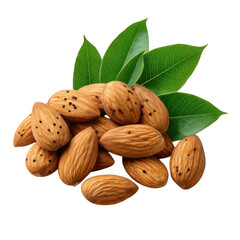 Pile of almonds with green leaves isolated on transparent background