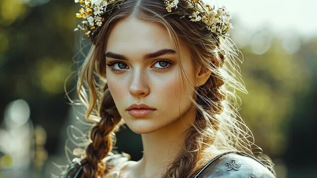 Female warrior standing confidently in lush forest, medieval armor and flower crown showcasing powerful feminine strength amid verdant woodland backdrop