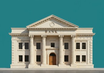 Obraz premium A classical bank building features a grand facade with stone columns and a large wooden door