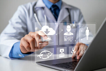Doctor Using Digital Health Interface on Laptop Modern Medical Technology with Cloud Data Access, Telemedicine, and Online Healthcare Icons for Smart Hospital and Digital Health Record System