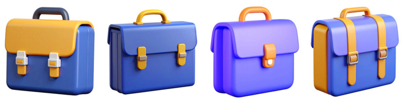 Stylish cartoon briefcase, business work PNG set Transparent background