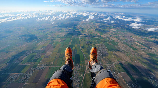 Skydiver descending with feet dangling above patchwork farmland under blue sky with scattered clouds, capturing thrilling aerial view