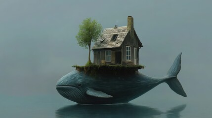 House on a Whale Surreal Floating Landscape with Element of Nature