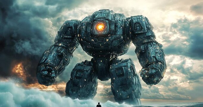 Huge metallic robot stands over a stormy ocean.