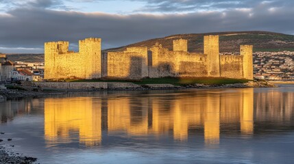 Majestic Castle Reflecting in Calm Waters at Sunset