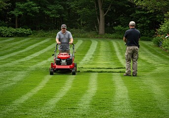 Two landscapers work together to cut and stripe a lawn using a red mower