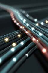 Close-up of glowing fiber optic cables showcasing advanced communication and data transfer. High-tech technology background emphasizing connectivity and innovation.