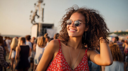 Joyful person enjoying music and summer vibes at an outdoors festival surrounded by a crowd during sunset.