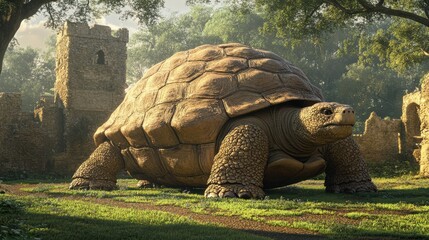 Majestic Giant Turtle Resting in Ancient Overgrown Castle Ruins