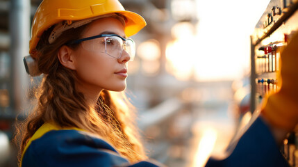Female engineer in yellow safety helmet and goggles operating equipment at an outdoor industrial facility during sunset, showcasing technical expertise and modern roles in engineering and industry.