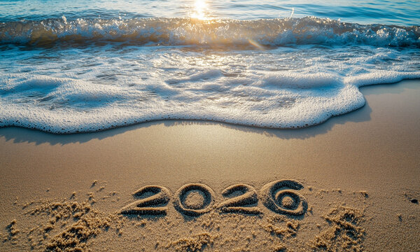 2026 number written in sand on a beach, symbolising celebration, new year concept
