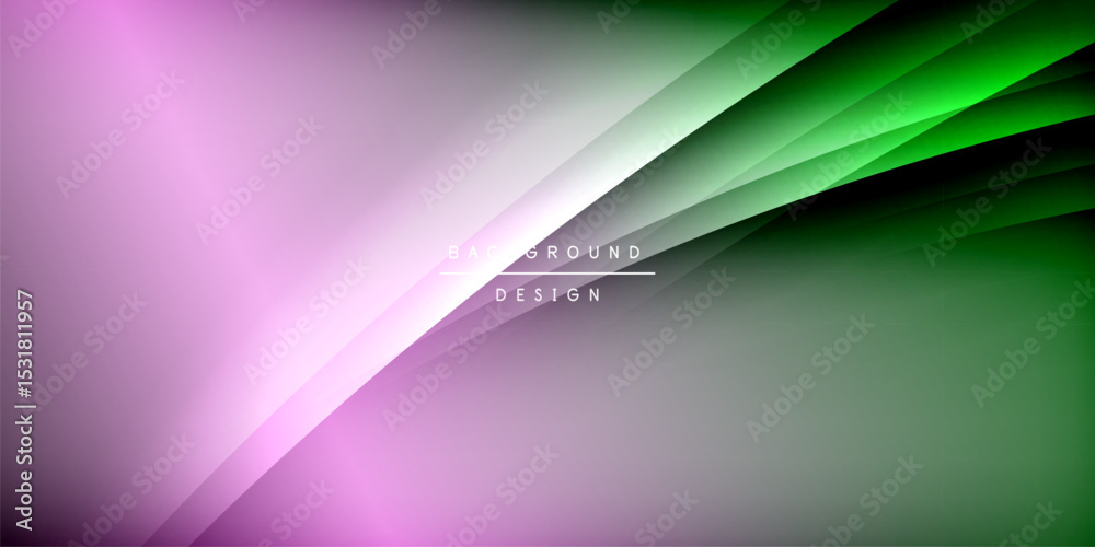 Poster Abstract background features layered curves. Pink, green hues blend into dark space. Modern design element for digital projects.