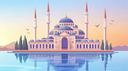 Majestic Mosque with Blue Dome and Minarets at Sunrise Reflection