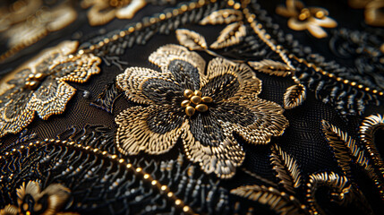 Luxurious black fabric with intricate gold floral embroidery, elegant abstract pattern