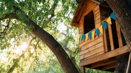 Wooden treehouse nestled among vibrant green leaves, adorned with colorful bunting banners, illuminated by soft sunlight from the forest surroundings, childhood memories and outdoor adventures.