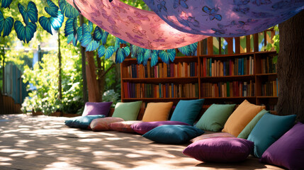 A cozy outdoor reading area featuring vibrant cushions, a wooden deck, and shelves of books under a draped canopy amidst lush greenery, creating a serene and inviting escape.
