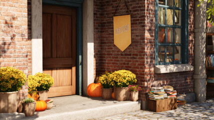 Rustic exterior with a welcome sign, pumpkins, flowers, and books under sunlight during fall, showcasing warmth and comfort.