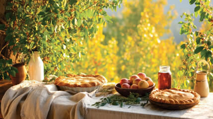 Homemade apple pies displayed on a rustic table, accompanied by freshly harvested apples, honey, and milk, set in a serene outdoor environment filled with autumn foliage and calming natural light.
