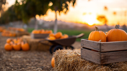Wooden crate with orange pumpkins set on straw bales against a scenic countryside farm during sunset. A seasonal autumn atmosphere showcasing rustic charm, nature, and a traditional harvest scene.