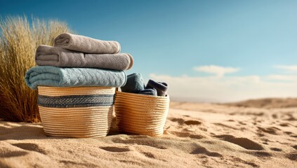 Cotton towels placed on the sand with woven baskets, adding a laid-back beach atmosphere.