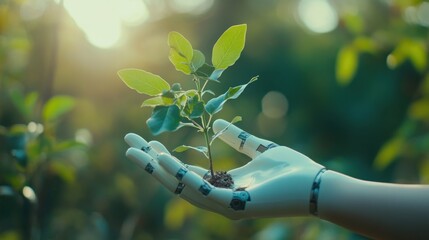 A robotic hand holding a flourishing green plant, symbolizing the partnership between technology and sustainable growth,