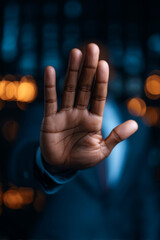A close-up image of a hand raised in a stopping gesture, portraying concepts like pause or boundaries, set against a bokeh background.