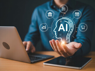 AI Technology in Business Hand Holding Digital Artificial Intelligence Icon with Data and Finance Symbols
