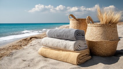 Beach scene with cotton towels spread out on the sand, along with woven baskets nearby.