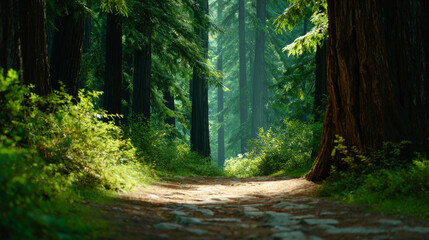 Vibrant forest adorned with towering redwoods, lush green undergrowth, and a winding path, illuminated by warm natural sunlight filtering through the trees evoking feelings of harmony and tranquility