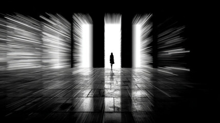 Silhouette of a person walking towards highly illuminated doorways in a dramatic reflective space