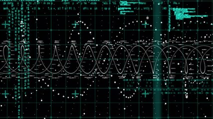 Code appearing on green grid sparking sine wave oscillating, merging into matrix showing data flow - Powered by Adobe