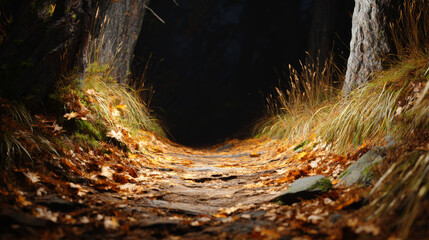 A beautiful forest walk adorned with fallen autumn leaves. The warm colors and natural light create a peaceful mood, showcasing the changing season's beauty in every detail of nature.
