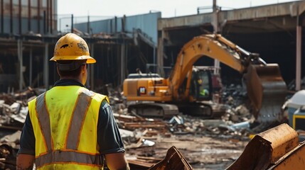 Construction crew dismantling a hazardous wreckage site emphasizing safety measures and salvage operations