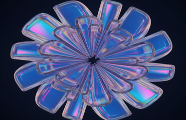 Holographic Y2k inspired abstract shape, isolated chrome element for futuristic design. Abstract iridescent flower fractal. Copy space for greeting card, poster, banner, book, presentation and report 