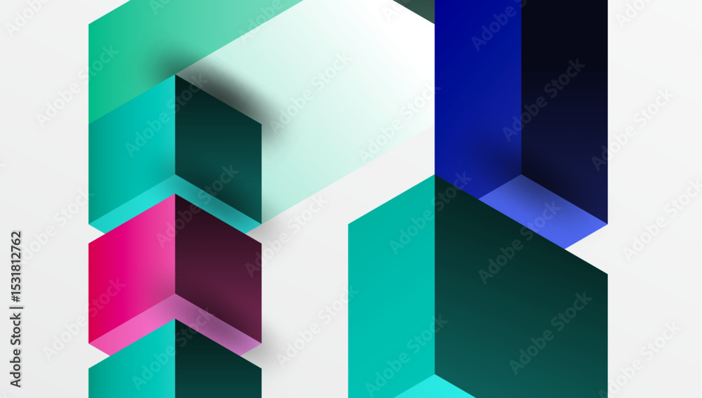 Poster abstract geometric shapes overlap, creating dynamic visual effect. teal, pink, navy hues dominate co