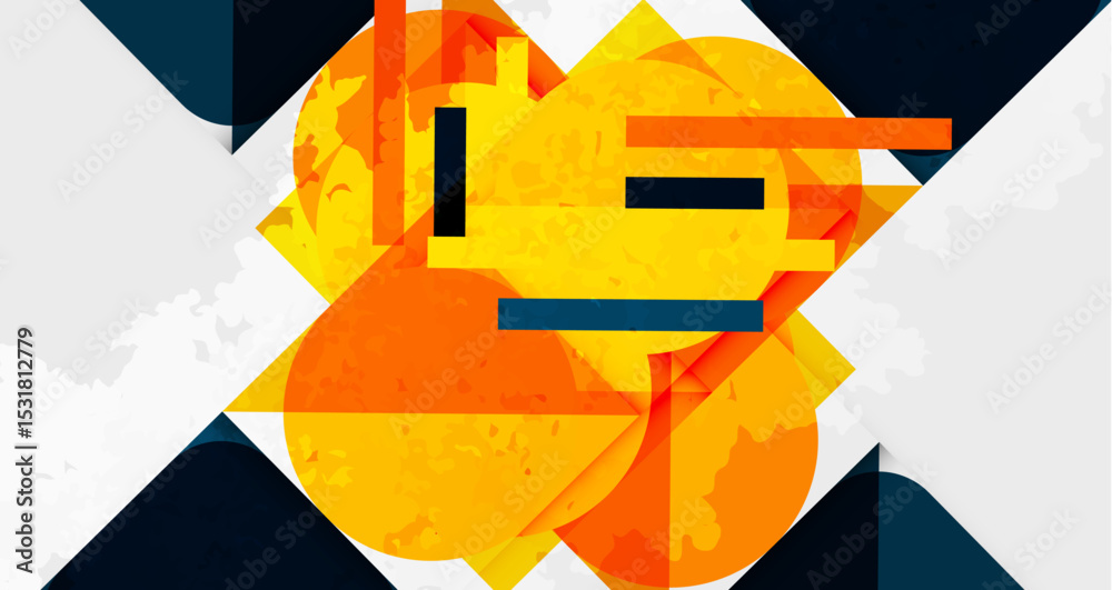 Fototapete Abstract design features orange shapes, lines, plus dark background. Geometric forms intersect creating dynamic visual impact.