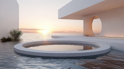 Modern Minimalist Architecture with Circular Pool at Sunset