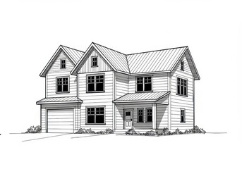 A two story house drawing shows a modern farmhouse design with a gabled roof and attached garage