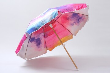 A cheerful beach umbrella with vibrant polyester fabric providing shade and comfort under the sun.