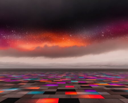 Colorful illuminated pavement under a vibrant sky