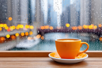 Warm cup of coffee in orange cup sits on wooden table by rainy window with blurred city lights creating cozy and calm atmosphere
