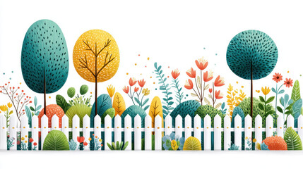 White picket fence with colorful garden behind featuring vibrant trees and flowers in bright cheerful setting