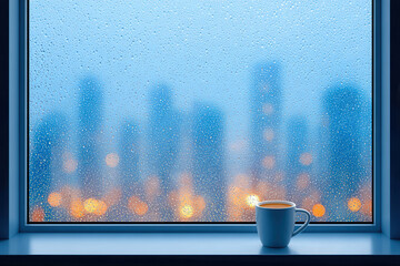 Cup of coffee on windowsill with raindrops on glass and blurred city lights in background creating calm and cozy atmosphere