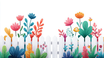 White picket fence with colorful garden behind, bright flowers and leaves create cheerful and vibrant outdoor scene