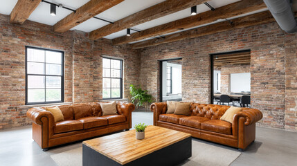 Industrial chic office lounge with leather sofa and wooden coffee table, exposed brick wall and wooden ceiling beams create warm atmosphere